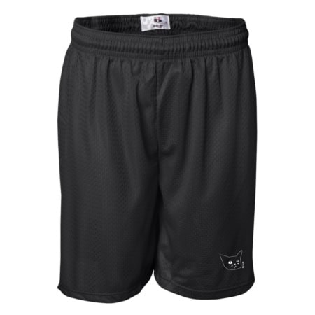 Sad Cat Shorts: black athletic shorts with an elastic waistband and a small white cartoon cat face graphic on the lower left leg.