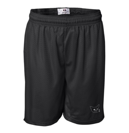 Sad Cat Shorts: black athletic shorts with an elastic waistband and a small white cartoon cat face graphic on the lower left leg.