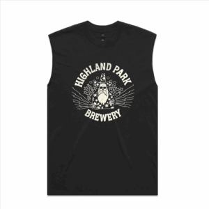 The Slick Wizard Tank is a black sleeveless shirt with a white graphic of an owl in a wizard hat, surrounded by stars and lines, and the words "Highland Park Brewery" above and below the owl.