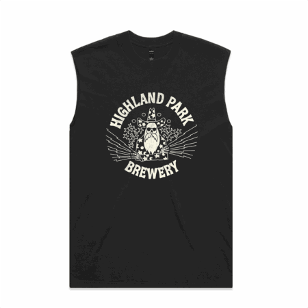 The Slick Wizard Tank is a black sleeveless shirt with a white graphic of an owl in a wizard hat, surrounded by stars and lines, and the words "Highland Park Brewery" above and below the owl.
