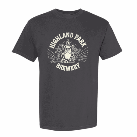 The Slick Wizard Tee is a black t-shirt featuring a graphic of a wizard with stars and bubbles, plus "Highland Park Brewery" in bold white letters above and below the design.