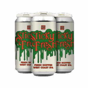 Four cans of Sticky Fresh West Coast IPA beer, featuring a white background with green and orange dripping text design, arranged in a tight cluster with the front can fully visible.