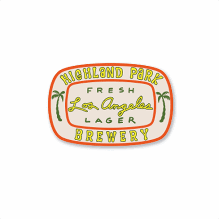 A rounded rectangular patch with orange trim displays "Fresh Los Angeles Lager" from Highland Park Brewery in yellow and green text, featuring a palm tree on each side.