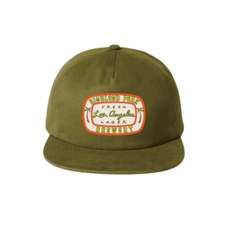 Fresh Los Angeles Lager Patch Baseball Hat in olive green with a colorful patch reading "Highland Park Brewery, Fresh Los Angeles Lager" and palm tree illustrations on each side.