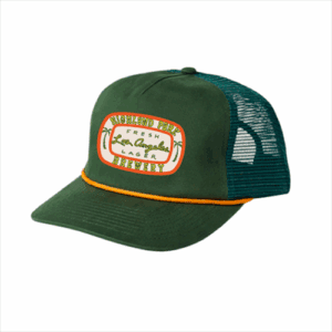 The Fresh Los Angeles Lager Patch Trucker Hat is a green mesh trucker hat with an orange-and-white patch that says “Highland Park Brewery, Fresh Los Angeles Lager” and features palm trees on each side.