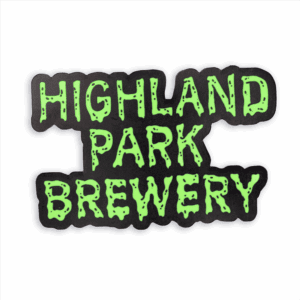 The HPB Text Good Green Sticker (2 pack) features "Highland Park Brewery" in bold, neon green, dripping letters on a black background.