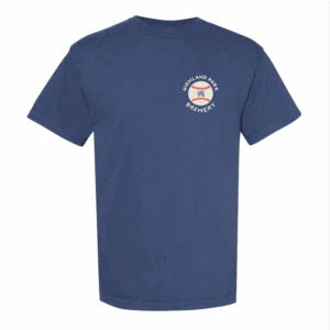 The HPB Baseball Tee is a blue short-sleeve shirt with a small Highland Park Brewery logo on the left chest, showcasing a white and orange baseball graphic.