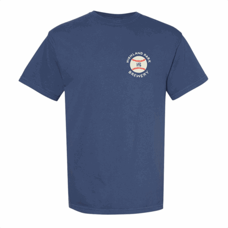 The HPB Baseball Tee is a blue short-sleeve shirt with a small Highland Park Brewery logo on the left chest, showcasing a white and orange baseball graphic.