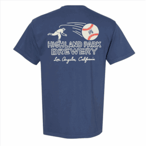 The HPB Baseball Tee is a navy blue t-shirt featuring a bear pitching a baseball and "Highland Park Brewery, Los Angeles, California" on the back.