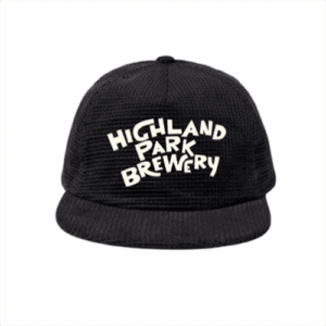 The Highland Park Brewery Corduroy Hat is a black cap featuring bold, white, playful "Highland Park Brewery" lettering on the front, shown on a plain white background.