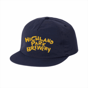 The Highland Park Brewery Nylon Hat is a navy blue baseball cap featuring "Highland Park Brewery" in bold, curved yellow letters on the front.