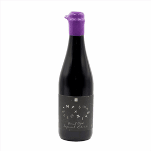 A dark glass bottle with a matte black label featuring white geometric text and a purple wax seal on the cap. The label reads "Infinitefinite V5 (2025) Barrel Aged Imperial Stout." The background is plain white.