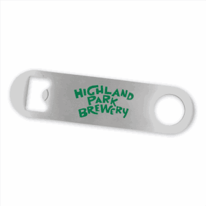 The Mini Bottle Opener features "Highland Park Brewery" in green, playful letters. It has a circular hole on one end and a classic bottle-opening slot on the other.
