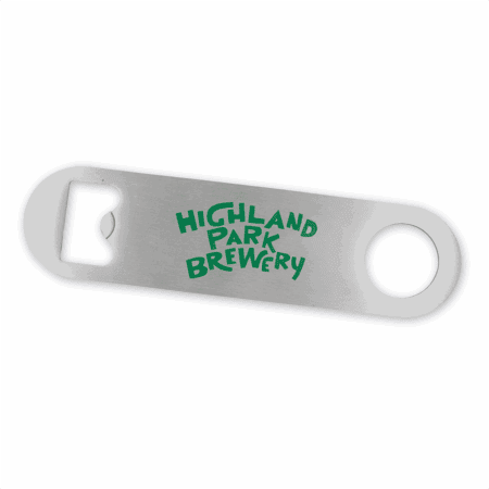 The Mini Bottle Opener features "Highland Park Brewery" in green, playful letters. It has a circular hole on one end and a classic bottle-opening slot on the other.