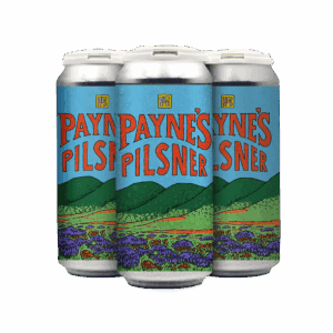Four cans of Paynes Pilsner beer feature colorful labels with green hills, a blue sky, and purple wildflowers. Bold red and blue text reads “Piperia.” Sold as a 4 pack.