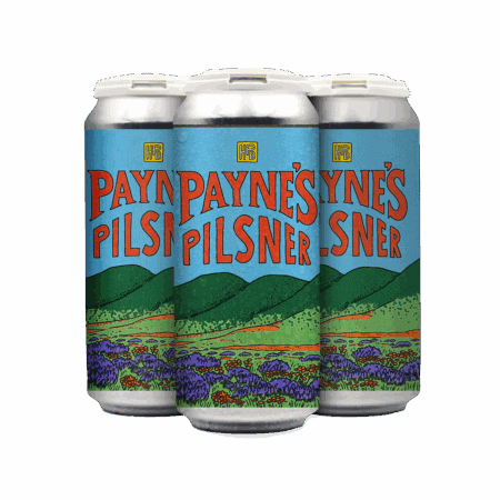 Four cans of Paynes Pilsner beer feature colorful labels with green hills, a blue sky, and purple wildflowers. Bold red and blue text reads “Piperia.” Sold as a 4 pack.