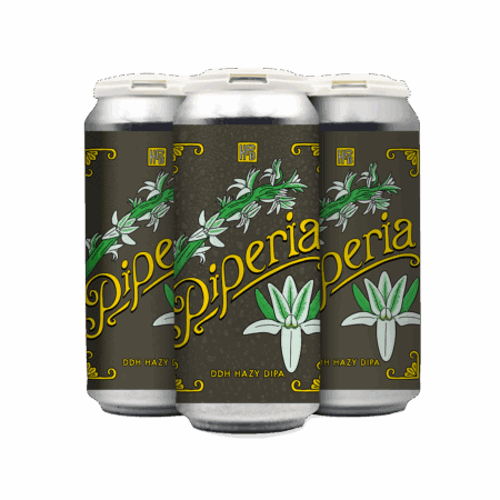 Four cans of Piperia (Collab w/Fidens) beer, each with dark labels featuring botanical illustrations, ornate yellow lettering, and green and white plant designs, arranged side by side on a white background.