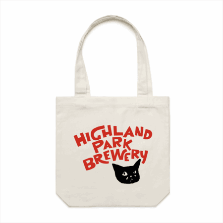 The Sad Cat Tote Bag is a white tote featuring "Highland Park Brewery" in red text above a black cat’s face graphic.