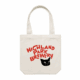 The Sad Cat Tote Bag is a white tote featuring "Highland Park Brewery" in red text above a black cat’s face graphic.