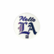 A round white Blue Hello LA Sticker (2 pack) featuring bold, glittery purple-blue "Hello LA" text in a decorative font, plus a small square "HPB" logo beneath the letters.