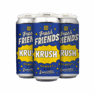 A 4-pack of Fresh Friends: Krush beer is displayed side by side, featuring blue and yellow labels with the slogan "Newest in Hop Innovation," set against a plain white background.