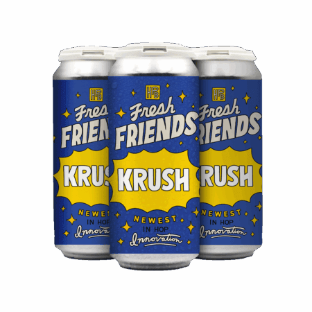 A 4-pack of Fresh Friends: Krush beer is displayed side by side, featuring blue and yellow labels with the slogan "Newest in Hop Innovation," set against a plain white background.