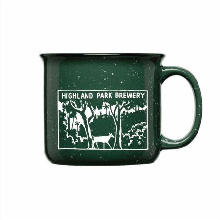 The Griffith Campfire Mug is dark green with white speckles and features a white graphic of trees, a deer, and the text "HIGHLAND PARK BREWERY" on the side.