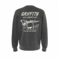 The Griffith Crewneck is a dark gray sweatshirt featuring a back graphic of trees, a deer, and the text "GRIFFITH LOS ANGELES" and "HIGHLAND PARK BREWERY" in light-colored letters.