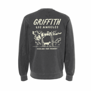The Griffith Crewneck is a dark gray sweatshirt featuring a back graphic of trees, a deer, and the text "GRIFFITH LOS ANGELES" and "HIGHLAND PARK BREWERY" in light-colored letters.