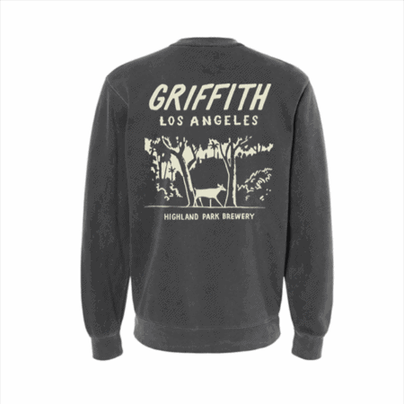 The Griffith Crewneck is a dark gray sweatshirt featuring a back graphic of trees, a deer, and the text "GRIFFITH LOS ANGELES" and "HIGHLAND PARK BREWERY" in light-colored letters.