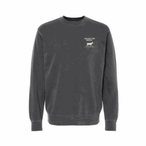The Griffith Crewneck is a plain, long-sleeve, dark gray sweatshirt with a small white graphic of a dog and "Highland Park Elementary" text on the upper left chest.