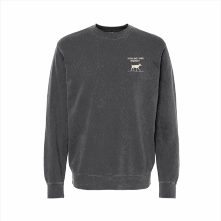 The Griffith Crewneck is a plain, long-sleeve, dark gray sweatshirt with a small white graphic of a dog and "Highland Park Elementary" text on the upper left chest.