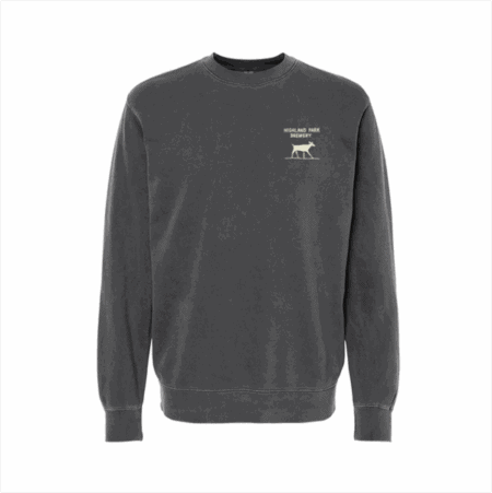 The Griffith Crewneck is a plain, long-sleeve, dark gray sweatshirt with a small white graphic of a dog and "Highland Park Elementary" text on the upper left chest.
