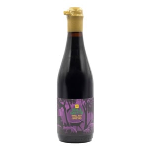 A dark glass beer bottle with a gold wax seal and a purple label showing silhouettes of wild animals and trees. The label reads "NOLA Griffith (2025) Barrel Aged Coffee Stout.