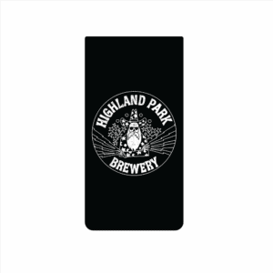 The Slick Wizard Koozie is a black rectangle featuring Highland Park Brewery’s white logo—a wizard with a staff surrounded by stars at the center, and the brewery name in bold letters encircling the design.