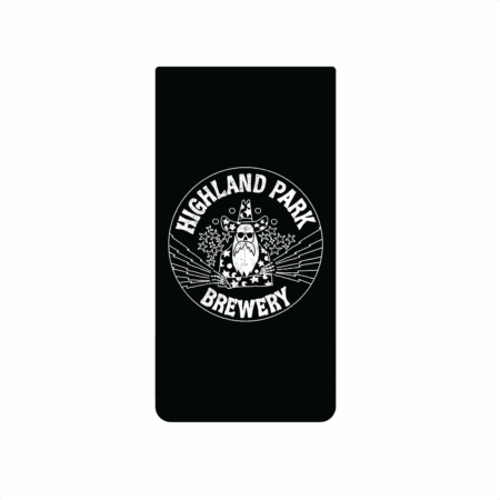The Slick Wizard Koozie is a black rectangle featuring Highland Park Brewery’s white logo—a wizard with a staff surrounded by stars at the center, and the brewery name in bold letters encircling the design.