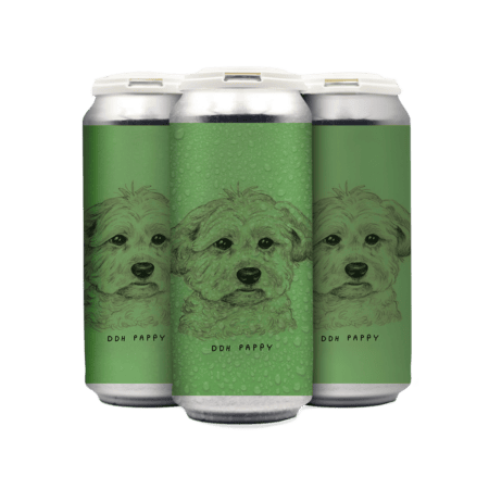 Three cans with green labels featuring a black line drawing of a fluffy puppy's face and the text "DDH Pappy." This can release is part of upcoming beer releases and events from Los Angeles beer makers. The cans are arranged in a row against a white background.