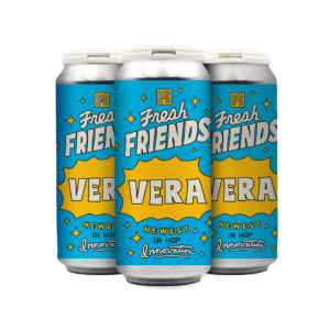 Three cans of "Fresh Friends Vera" beer with bright blue and yellow labels featuring playful fonts, stars, and the text "NEWEST IN HOP Innovation" against a plain white background.