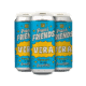 Three cans of "Fresh Friends Vera" beer with bright blue and yellow labels featuring playful fonts, stars, and the text "NEWEST IN HOP Innovation" against a plain white background.