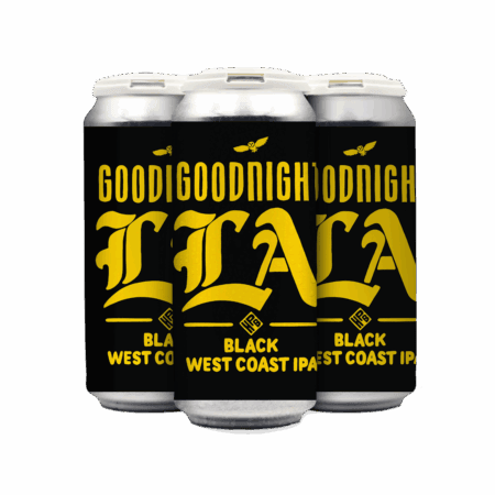 A 4-pack of "Goodnight LA" Black West Coast IPA, featuring bold yellow lettering on a black background, is grouped together against a plain white surface.