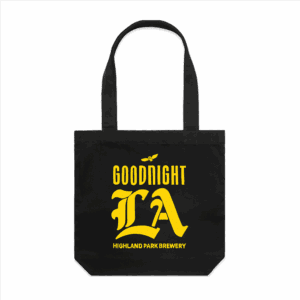 The Goodnight LA Tote Bag is a black tote featuring bold yellow "GOODNIGHT LA" text and "HIGHLAND PARK BREWERY" printed underneath.