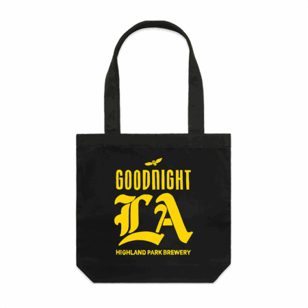 The Goodnight LA Tote Bag is a black tote featuring bold yellow "GOODNIGHT LA" text and "HIGHLAND PARK BREWERY" printed underneath.