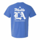 The Hello LA Pocket Tee is a blue t-shirt featuring large decorative white "Hello LA" text above "Highland Park Brewery" on the back.