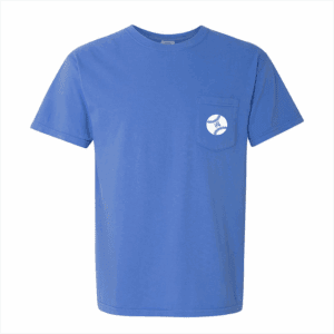 The Hello LA Pocket Tee is a plain blue short-sleeve T-shirt with a chest pocket featuring a small white baseball graphic.