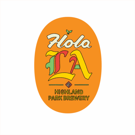An orange oval sticker features colorful, stylized “Hola LA” text with “Highland Park Brewery” below and a small green bird above "Hola." Comes as a 2 pack: Hola LA Sticker.