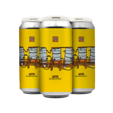 Four yellow beer cans with a colorful illustration of brewing equipment and pipes on the label. The text reads “HB Jasper Hazy Double India Pale Ale.” The cans are arranged in a row on a white background.