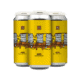 Four yellow beer cans with a colorful illustration of brewing equipment and pipes on the label. The text reads “HB Jasper Hazy Double India Pale Ale.” The cans are arranged in a row on a white background.