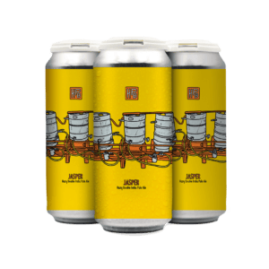 Four cans of beer with bright yellow labels, featuring an illustration of beer kegs connected by orange hoses, the text “HB,” and “JASPER Hazy Double India Pale Ale”—a must-try for fans of Los Angeles beer and upcoming beer releases and events. Four cans of beer with bright yellow labels, featuring an illustration of beer kegs connected by orange hoses, the text “HB,” and “JASPER Hazy Double India Pale Ale”—a must-try for fans of Los Angeles beer and upcoming beer releases and events.