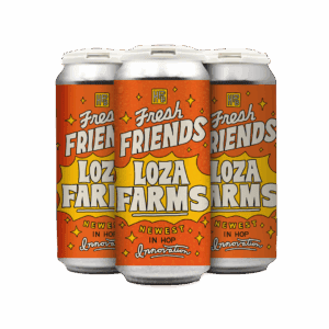A 4-pack of "Fresh Friends: Loza Farms" beer, with bright orange, yellow, and white labels adorned with bold playful text, stars, and the phrase "Newest in hop innovation" at the bottom. A 4-pack of "Fresh Friends: Loza Farms" beer, with bright orange, yellow, and white labels adorned with bold playful text, stars, and the phrase "Newest in hop innovation" at the bottom.