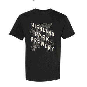 The Native Plants Tee is a black shirt featuring white outlined plants and "Highland Park Brewery" in large, playful letters on the front.